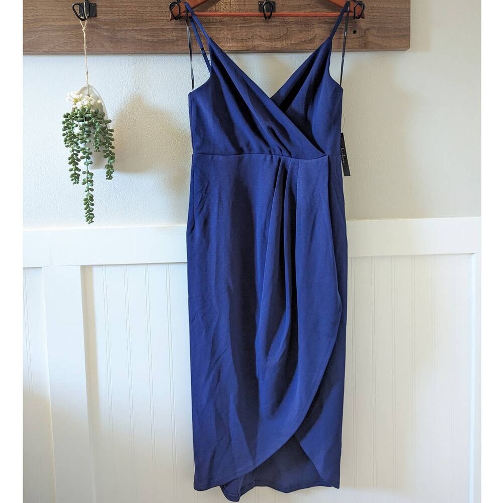 NWT Lulu's Special Guest Navy Blue Surplice Tulip Midi Dress size Medium
